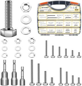 Mywish 410PCS Stainless Steel Hex Head Nuts and Bolts Assortment Kit, 1/4-20 5/16-18 3/8-16, Assorted Screws, Washers, Bright Finish
