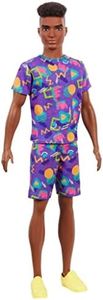 Barbie GRB87 Ken Fashionistas Doll #162 with Rooted Brunette Hair Wearing Graphic Purple Top, Shorts & Yellow Shoes, Toy for Kids 3 to 8 Years Old​, 30.48 cm*6.35 cm*8.89 cm