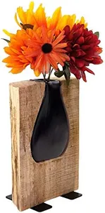 EXCELLO GLOBAL PRODUCTS Matte Black Glass and Wood Vase - Rustic Flower Vase Decorative Centerpieces for Dining Room Table Coffee Tables Vintage Farmhouse Decor (Short - 8" x 6")
