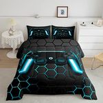 Gaming Comforter for Boys Teens Game Bedding Sets Twin,Kids Gamer Comforter Set Game Home Decor,Soft Neon Lights Gamepad Duvet Insert All Season Hexagon Quilt Comforter with 1 Pillowcase, Blue Grey