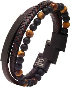 KC Premium Men’s Beads Leather Bracelet Passion Tiger-Eye Inspirational Engraved Adjustable Magnetic Clasp Stainless Steel Handmade Natural Wristband Braided Multi-Layer Cuff Bangle Black Brown