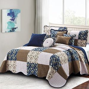Home Soft Things Patchwork 8 Piece Bedspread Quilt Set, Soft Lightweight Colorful Plaid Floral Scalloped Edge Boho Shabby Chic Bedding Set Coverlet, Dark Blue, King (118" x 106")