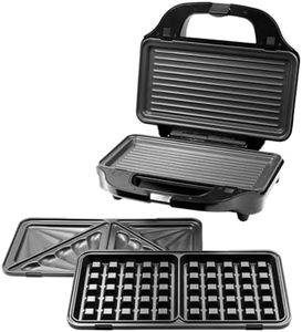 Healthy Choice 3 in 1 Durable Sandwich Maker, Waffle Maker, Panini Press, with Removable Plates and Interchangeable Non-Stick Plates - Silver and Black