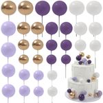 Sukmax Ball Cake Toppers,Round Cake Decorations Mini Balloons Cake Topper Sticks Foam Ball Cake Picks Decorations for Wedding Party Birthday Cake Decorating (Purple,Light Purple,White,Gold)