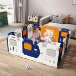 Dawnwake Foldable 14 Panel Playard, Baby Playpen Fence with Crawling Mat and Football for Baby Upto 8 Years with Safety Locking Door & Drawing Board (150 x 150cm, Assembly-Free) -Blue