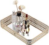 ELLDOO Perfume Tray Mirror Tray Makeup Vanity Tray Hollow-Carved Jewelry Tray Glass Metal Trinket Storage Tray Home Organizer Decorative Tray for for Dresser Bathroom Countertop,Gold, Medium Size