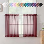 Aiyufneg Small Sheer Tier Curtains Half Kitchen Curtain Sheers, Light Filtering Farmhouse 24 Inch Window Panels Rod Pocket Burgundy Red Voile Short Curtain for Bathroom, 40W x 24L, Set of 2 Panels