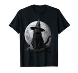 Vintage Halloween Black Cat wearing Witch Hat under The Moon T-Shirt