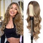 SOMIARIK 13x4 Brown Lace Front Long Wavy Wigs, Brown with Ash Blonde Tips Synthetic Lace Front Wigs for Women Pre-plucked with Natural Hairline Heat Resistant Fiber Hair Daily Party Use 26 inch