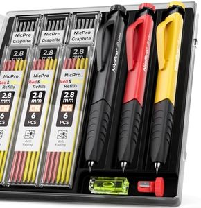 Nicpro Carpenter's Pencils Set, 3 Solid Carpenter's Pencils with 39 Refills and Removable Finger Grips, Deep Hole Marker with Built-in Sharpener for Woodworking, Construction Site with Case