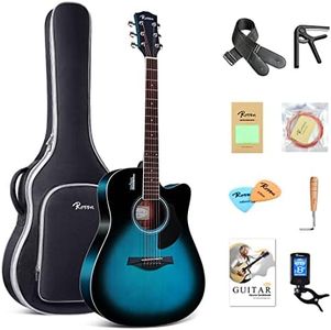 Rosen Chitarra acustica 4/4 Guitar 41 pollici Chitarra in per principianti Bundle con libro, borsa imbottita, corde, plettri, accordatore, chiave a brugola, tracolla, blu