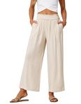 JASAMBAC Plus Size Wide Leg Trousers Capri Wide Leg Pants High Waist Boho Summer Trousers Smocked Yoga Pants Elastic Casual Trousers with Pocket Off-White