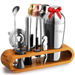 Mixology Cocktail Shaker Set - 10-Piece Cocktail Making Set - Home Bartender Kit in Bamboo Stand with Spoon, Boston Shaker, Other Tools for Drink Mixing, Martini, Mocktail - Gift Set (Silver)