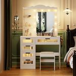 Dystler Makeup Vanity Desk with Mirror and Lights, Vanity Table with 5 Drawers & 2 Shelves, Vanity Set for Bedroom, Dressing Table with 10 Light Bulbs/USB Port/Human Sensor, White