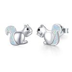 Squirrel Earrings Sterling Silver Cute Opal Little Squirrel Earrings Hypoallergenic Stud Lovely Small Animal Jewelry Gift for Women Girlfriend Daughter Teen Sensitive Ears, Metal, Opal