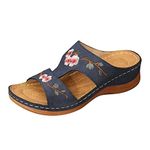 HAOLEI Womens Orthopedic Shoes Sale Clearance Comfy Sliders Summer Flat Leather Sandals Embroidery Flower Low Wedge Open Toe Breathable Slippers Sandals Ladies UK Size 3-7.5