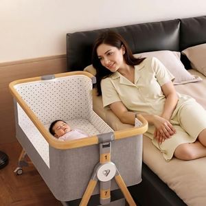 Baby Bassinet Bedside Sleeper, 7-Level Adjustable Height Co-Sleeper Bassinet with Sturdy Metal Frame, 360° Lockable Wheels Rocking Bassinet, Baby Bed with Storage Basket & Detachable Mosquito Net