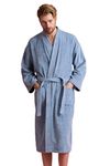 Soft Touch Linen Men's Robe, Turkish Terry Bathrobe, 100% Cotton Kimono Spa Bathrobe, Light Blue, Large