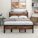 HOJINLINERO Double Bed Frame with Storage Wooden Headboard Shelf,Metal Platform Wooden Bed Frame Double Bed,No Box Spring Needed,Mattress Base,Reinforced Strong Metal Slats,Noise Free,Black+Brown