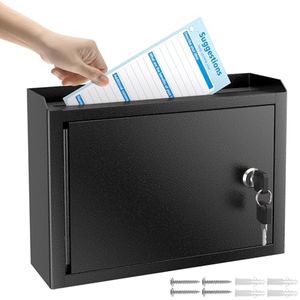 MaxGear Metal Suggestion Box with Lock, Seure Locked Mail Box,Wall Mounted Mailbox Drop Box with Lock, Ballot Box Safe Money Box with 50 Suggestion Cards 9.8‘’ x 3‘’ x 7‘’ - Black