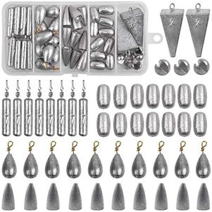 Fishing Sinkers Weights Kit, Egg Weights Pyramid Sinkers Drop Bass Weights Split Shot Weights Jig Weighted Hooks Assortment Catfishing Equipment wirh Fishing Tackle Box for Freshwater Saltwater 56PCS