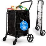 SereneLife Small Foldable Shopping Cart with Cart Liner - 17.72" x 21" x 36.6" Collapsible Grocery Cart with 70 lbs. Capacity, Removable and Weatherproof Cart Liner, 360° Swivel Wheels (Black)