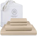 Threadmill 500 Thread Count Queen Size Damask Stripe, 4 Pc Luxury Cotton Bedding Set, Silky Smooth Light Beige Sheets with 16" Elasticized Deep Pocket, 2 Pillowcases & Free Tote Bag