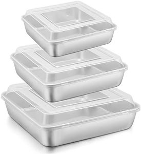 E-far 6/8/9-Inch Square Cake Pan with lid Set, Square Baking Brownie Pans Stainless Steel Bakeware Set of 3, Non-toxic & Healthy, Easy Clean & Dishwasher Safe - 6 Pieces(3 Pans + 3 Covers)
