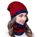 PinKit Women's Woolen Cap with Neck Muffler/Neckwarmer Set of 2 Free Size - (Red)