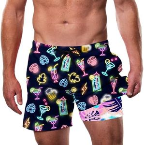 Cozople Men's Swim Trunks with Compression Liner Novelty Neon Party Elements Printed Compression Swimming Trunks Bathing Suit Summer Quick Dry No Mesh Swim Shorts L
