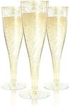 Prestee 48 Pack Champagne Flutes Plastic Disposable - Gold Glitter Flute Glasses for Champagne, Mimosa Bar, New Year's Eve 2024 Party Supplies, Wedding, Shower, Event - 5 oz Fairy Stemware