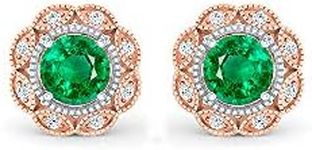 INSPEREZA NEW YORK Emerald and White Diamond Floral Halo Stud Earring in 18kt Rose Gold (5.00 mm Gemstone)