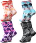 Invalidism 4 Pairs Pilates Grip Socks Tie Dye Non Slip Yoga Socks for Women with Grips Cotton Athletic Socks Ladies Grippy Socks for Home Gym Workout Sports Fitness Barre Ballet Dance (Dark)