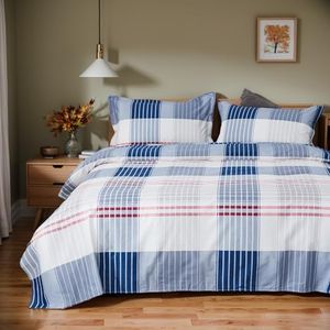 Brandream 100% Cotton Sheets Twin Size Bed Sheets Kids Boys Sheets White Blue Checker Plaid Bed Sheet Set Deep Pockets 18 Inch