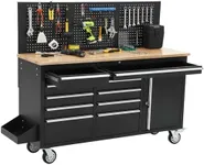 GarveeTech 61-inch Rolling Tool Chest, 10 Drawers Garage Workbench Storage Tool Cabinet with Power Strip, Solid Rubber Wood Top, 1675 LBS Load Mobile Workstation, Heavy Duty Rolling Cabinet