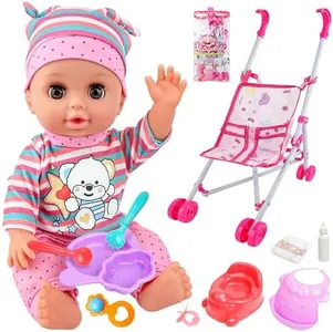 Baby Doll with Stroller Gift Set, 14'' Realistic Doll with Baby Doll Accessories Playset - Includes Foldable Dolls Stroller, Feeding Set, Baby Dolls Clothes, Toddler Pretend Play Toys for 1-3