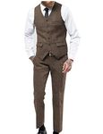 Men's Tweed Suit 2 Pieces Prom Tuxedos Wool Wedding Party Vest Pant Sets Herringbone(Brown,36)