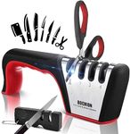 BOCHION Professional Knife Sharpener | 4 in 1 Manual Kitchen Knife & Scissor Sharpeners with Portable Camping Sharpener | 4 Stage Chef's Sharpening Tool with Non-Slip Base & Ergonomic Handle | Red