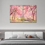 VIBECRAFTS Pink Flower Trees Nature Forest 2 Pieces Canvas Wall Painting Fitted With Wooden Frame For Home | Office | Living Room | Gifts(PTVC2Pcs1_17505)