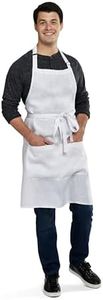 Solino Home 100% Pure Linen Apron for Women & Men - White Stripe Full Midi Bib Apron, Adjustable Neck Strap with Center Pockets for Kitchen, Chef - Handcrafted from European Flax