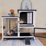 FunXplore Rabbit Hutch Indoor Rabbit Cage Bunny Hutch Outdoor Guinea Pig Cage, Urine Baffles 2 Bottom Wire Floor 2 Trays Metal Feeder