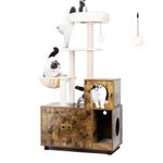 NeoCloud Cat Tree with Cat Litter Box Enclosure Hidden Cat Washroom Cabinet Furniture with Scratching Post Cat Hammock for Indoor Cats, Brown