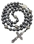 Nazareth Store Hematite Rosary Black Stone Beads Necklace Metal Beaded Miraculous Medal & Cross Rosary For Men and Womens NS