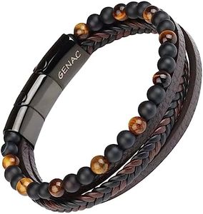genac Bracelet Pour Homme En Perles De Pierres Naturelles 6mm Et Cuir Véritable Multi Tissé Avec Fermoir Magnétique Amovible En Acier Inoxydable Pour Régler Facilement La Longueur.