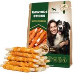 Dog Rawhide Sticks Wrapped with Chicken & Pet Natural Chew Treats (Approx. 20 pcs) - Grain Free Organic Meat & Human Grade Dried Snacks in Bulk - Best Twists for Training Small & Large Dogs (Sticks)