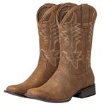 SheSole Cowgirl Boots for Women Square Toe Western Boots Mid Calf Cowboy Boots Pull On Fashion Embroidered Riding Boots Brown US Size 8