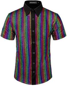 WULFUL Men's Disco Shirt Sequins Short Sleeve Button Down Shirts 70s Party Costume Dress Shirts, Muliticolor, Medium