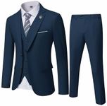 MY'S Men's 3 Piece Slim Fit Suit Set, 2 Button Blazer Jacket Vest Pants with Tie, Solid Wedding Dress Tux and Trousers Deep Blue