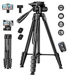 Camera Tripod, 68" Phone Tripod Stand for Camera Photo Video, Travel Floor Tripods Compatible with iPhone Canon Nikon DSLR, Cell Phone Tripods with Remote/Travel Bag/Phone Holder