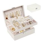 SYCARON Jewelry Organizer Box for Women and Girls, 2 Layer Jewelry Storage Case PU Leather Soft Lining with Lock for Rings Earrings Necklace Bracelets, Gift for Women, White